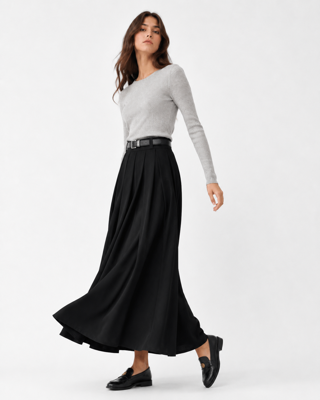 Pleated A-Line Midi Skirt