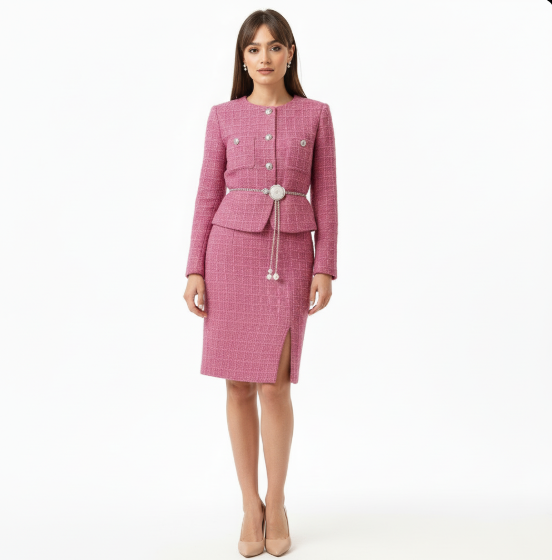 Pink Bouclé Tweed Jacket & Midi Skirt Co-Ord Set
