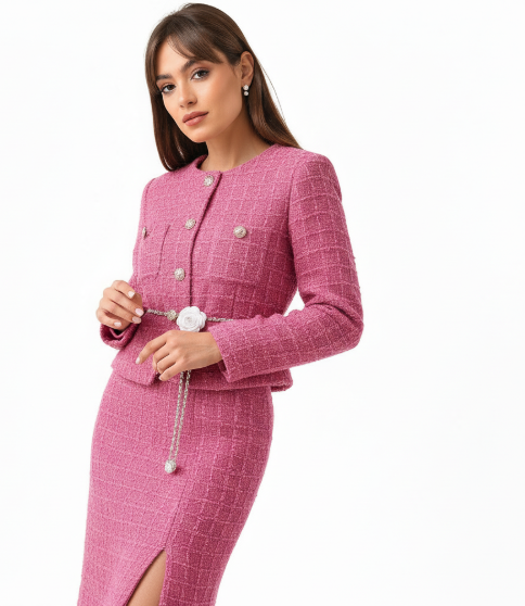 Pink Bouclé Tweed Jacket & Midi Skirt Co-Ord Set