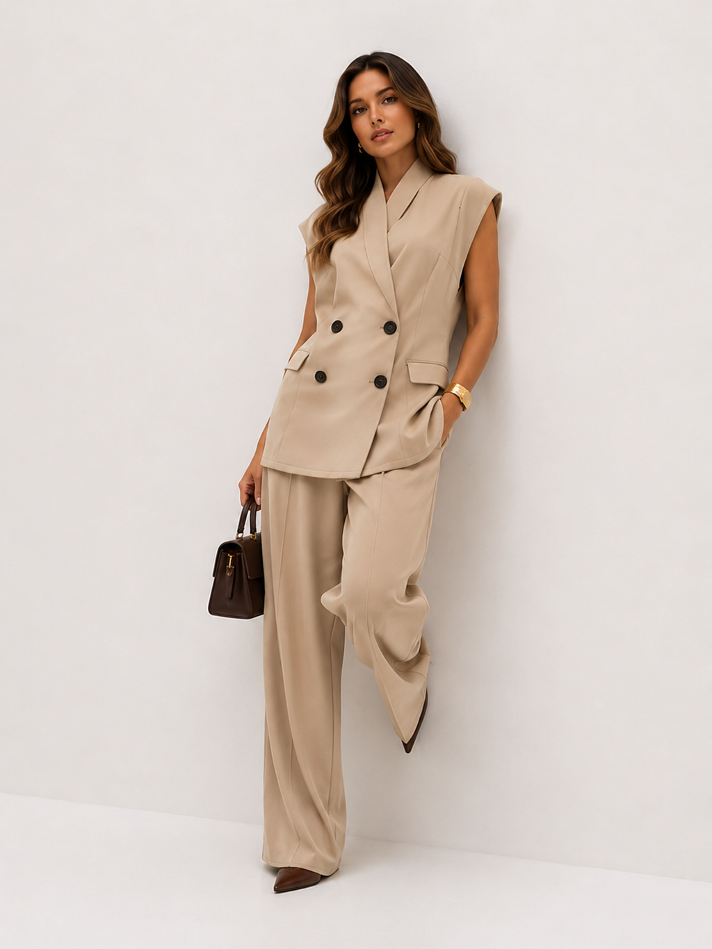 Tailored Double-Breasted Longline Waistcoat & Straight-Leg Trousers Co-ord