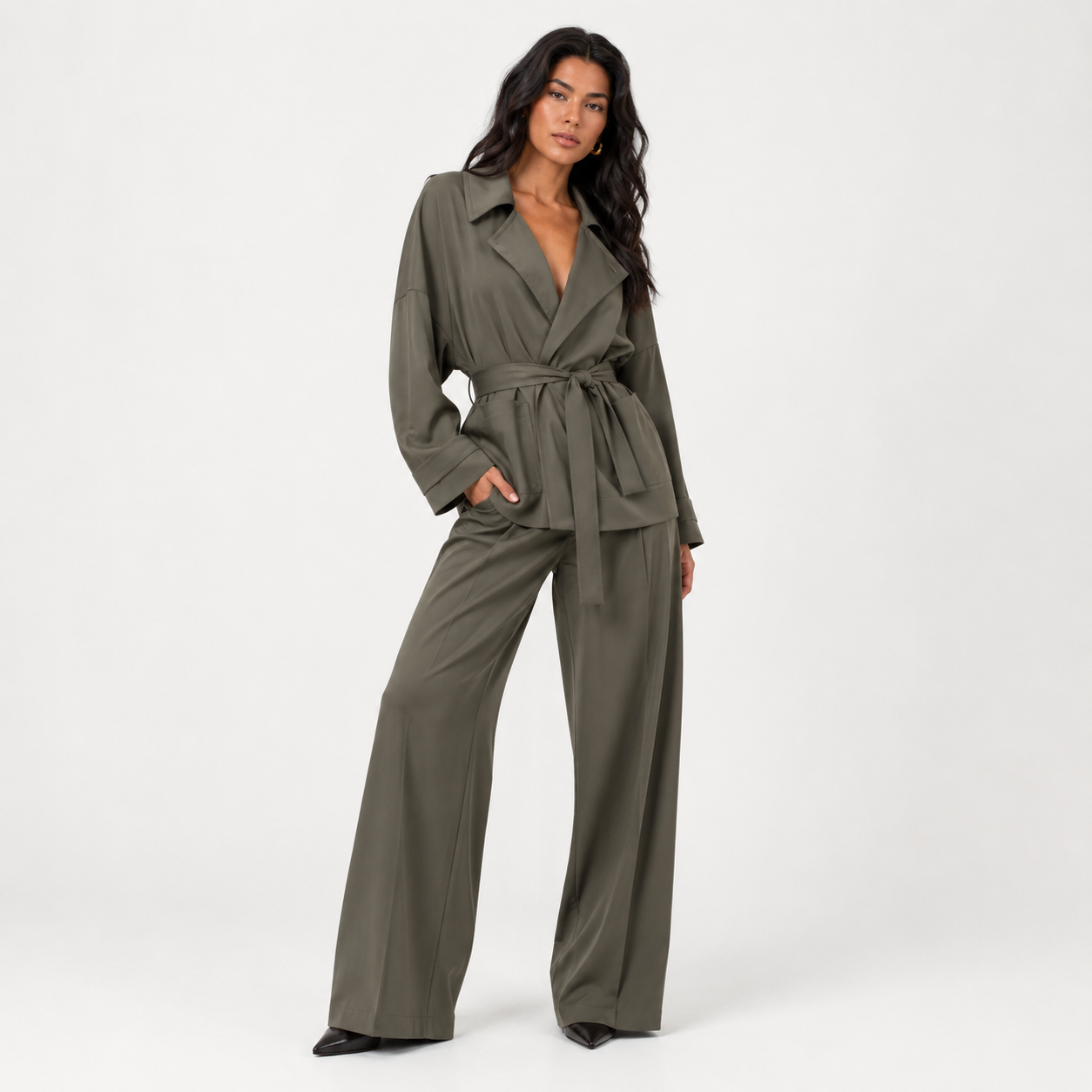 Belted Wrap Jacket & Wide-Leg Trousers Co-ord