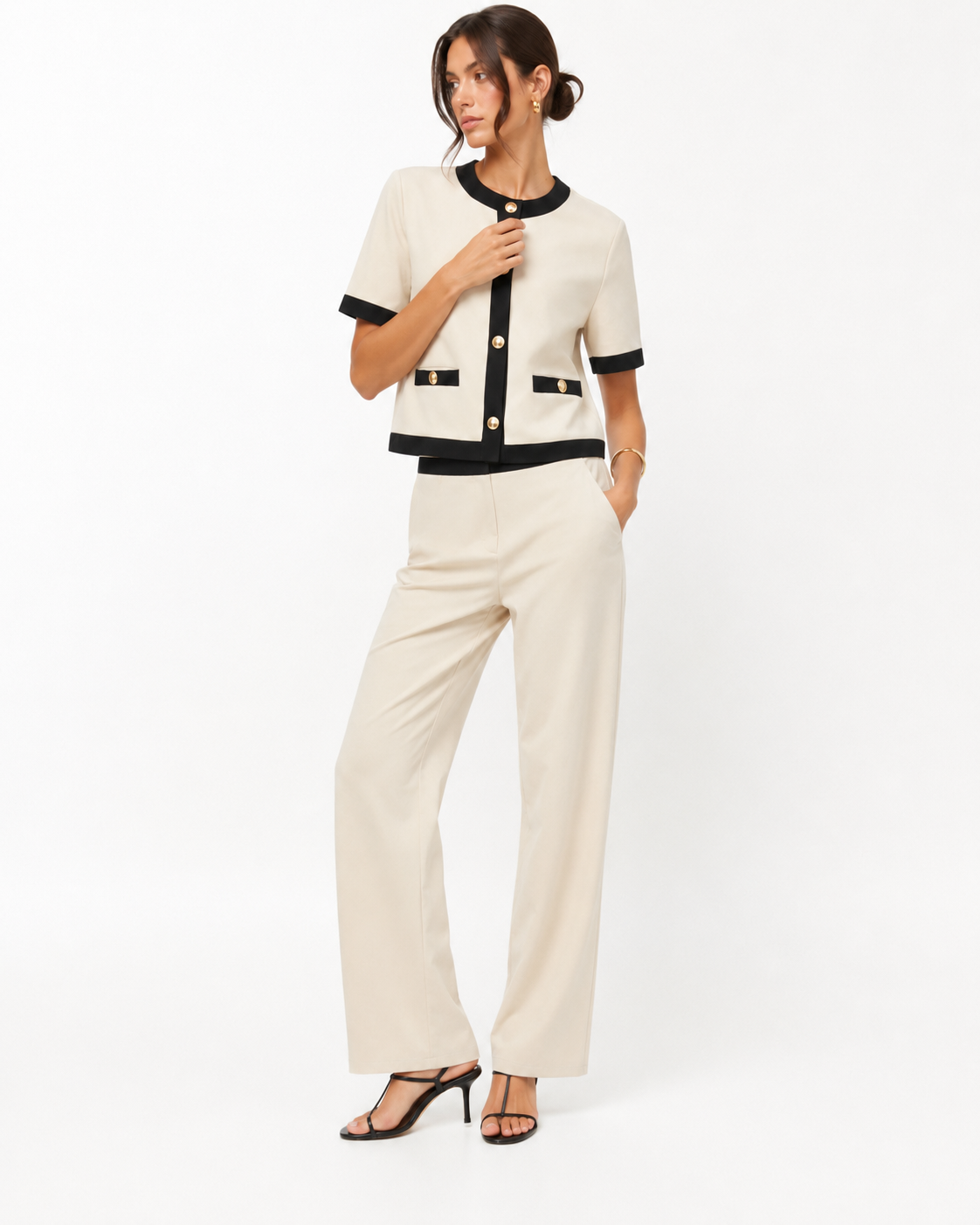 Contrast-Trim Knit Jacket & Straight-Leg Trousers Co-Ord Set