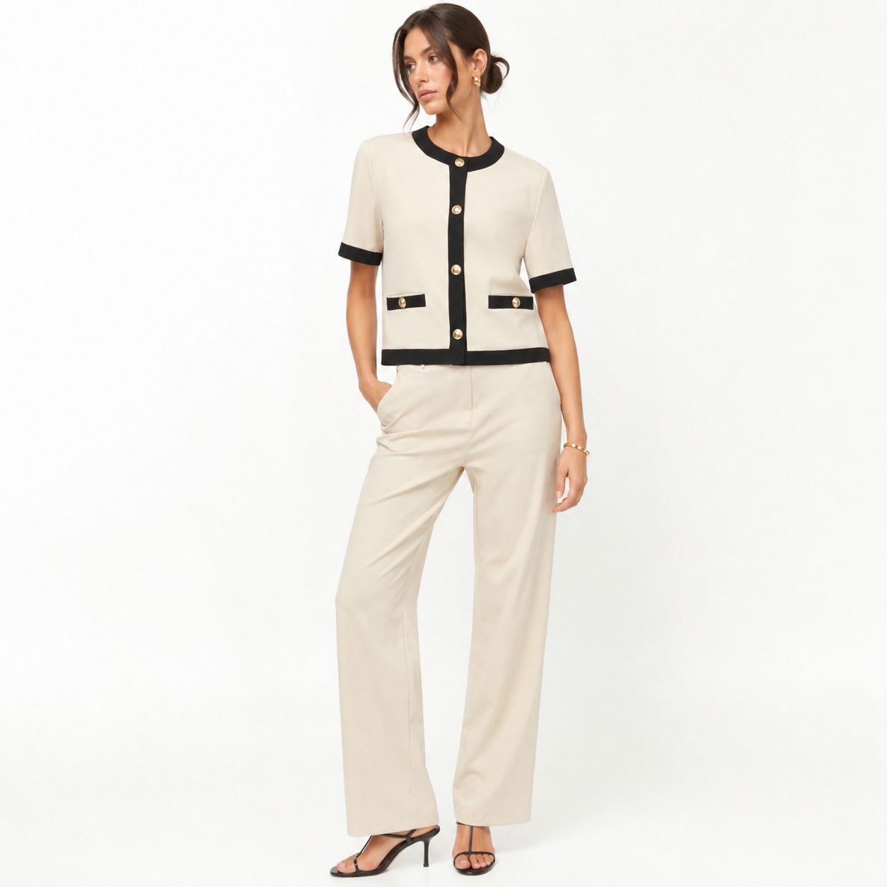 Contrast-Trim Knit Jacket & Straight-Leg Trousers Co-Ord Set