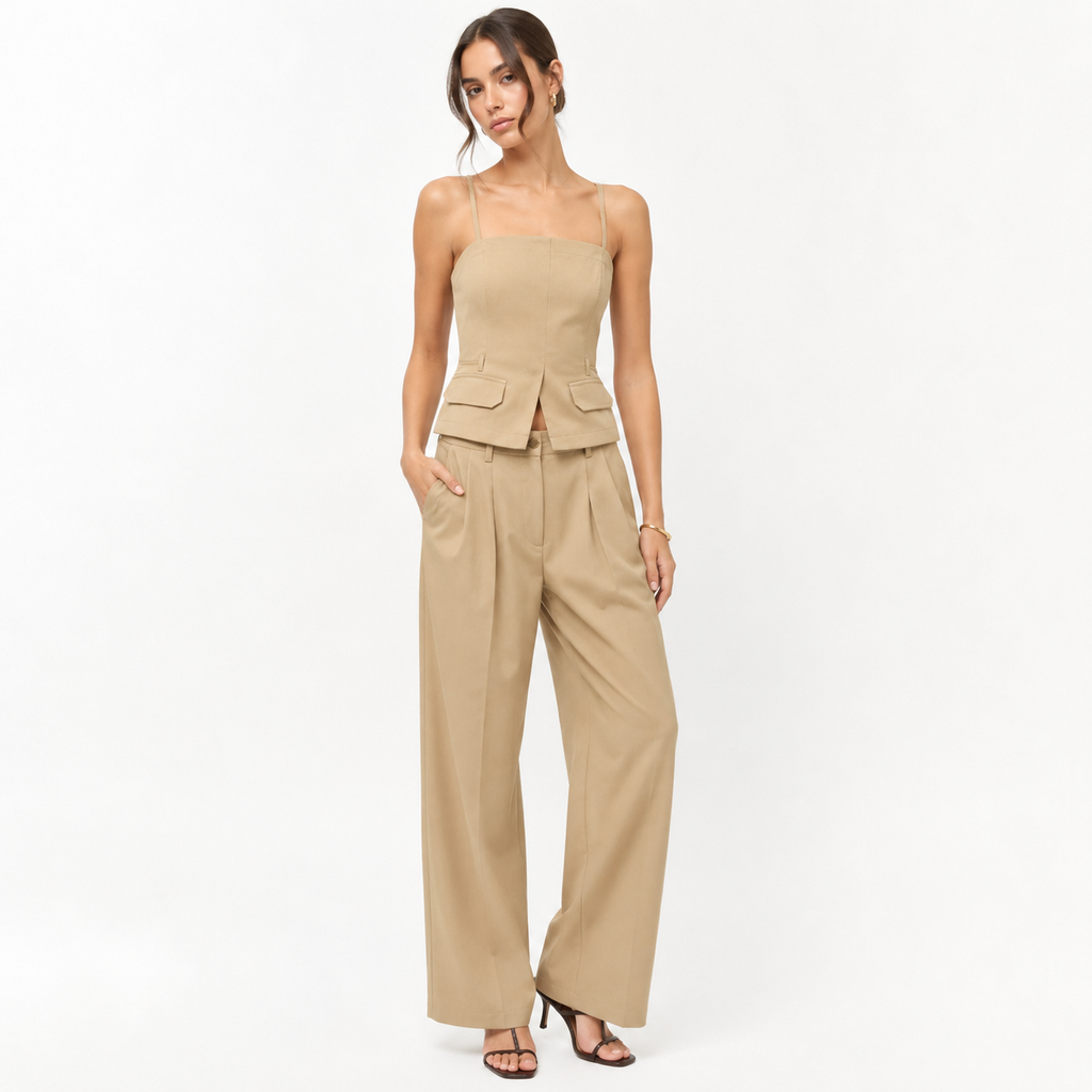 Strapless Button-Front Waistcoat & Wide-Leg Trousers Co-Ord Set
