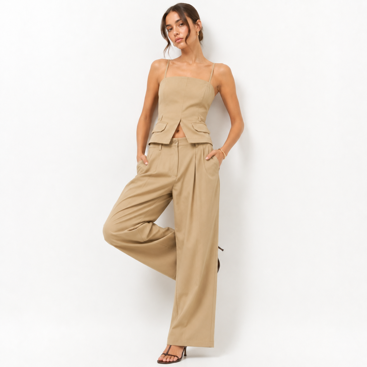 Strapless Button-Front Waistcoat & Wide-Leg Trousers Co-Ord Set