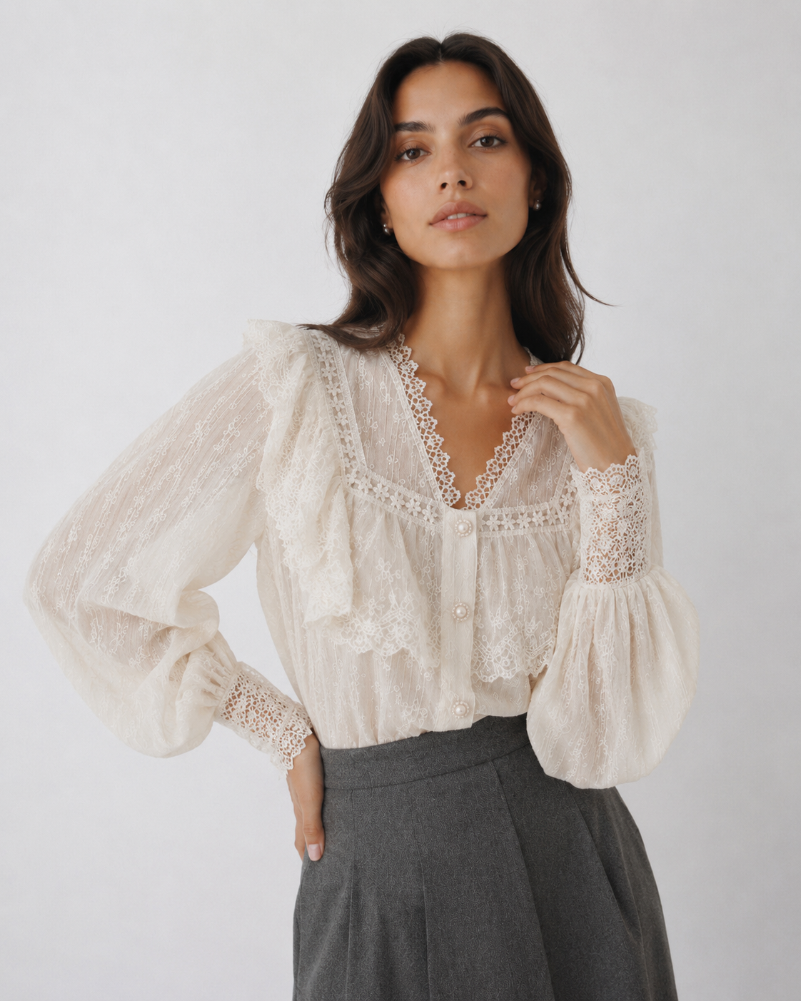 Embroidered Mesh Blouse with Layered Ruffles and Lace Trim