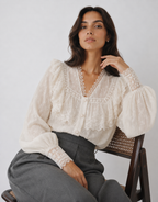Embroidered Mesh Blouse with Layered Ruffles and Lace Trim