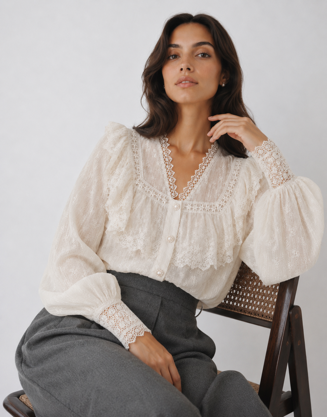 Embroidered Mesh Blouse with Layered Ruffles and Lace Trim