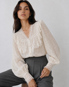 Embroidered Mesh Blouse with Layered Ruffles and Lace Trim