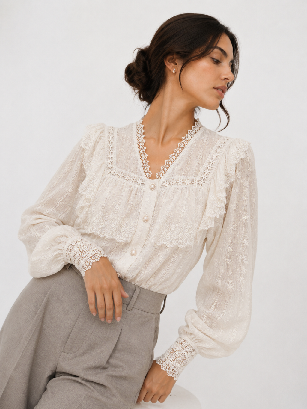 Embroidered Mesh Blouse with Layered Ruffles and Lace Trim