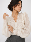 Embroidered Mesh Blouse with Layered Ruffles and Lace Trim