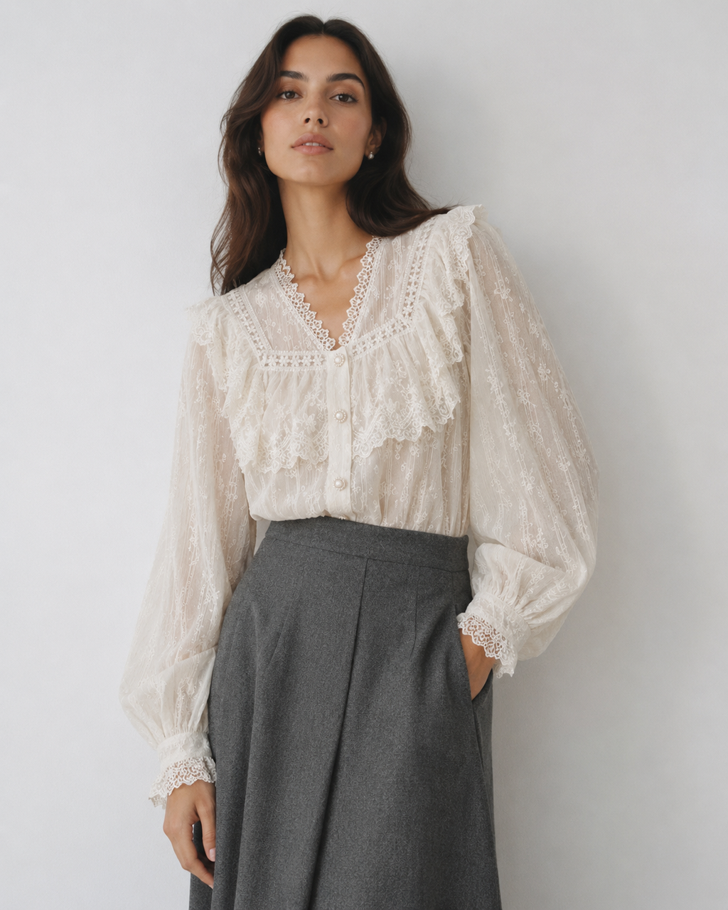 Embroidered Mesh Blouse with Layered Ruffles and Lace Trim