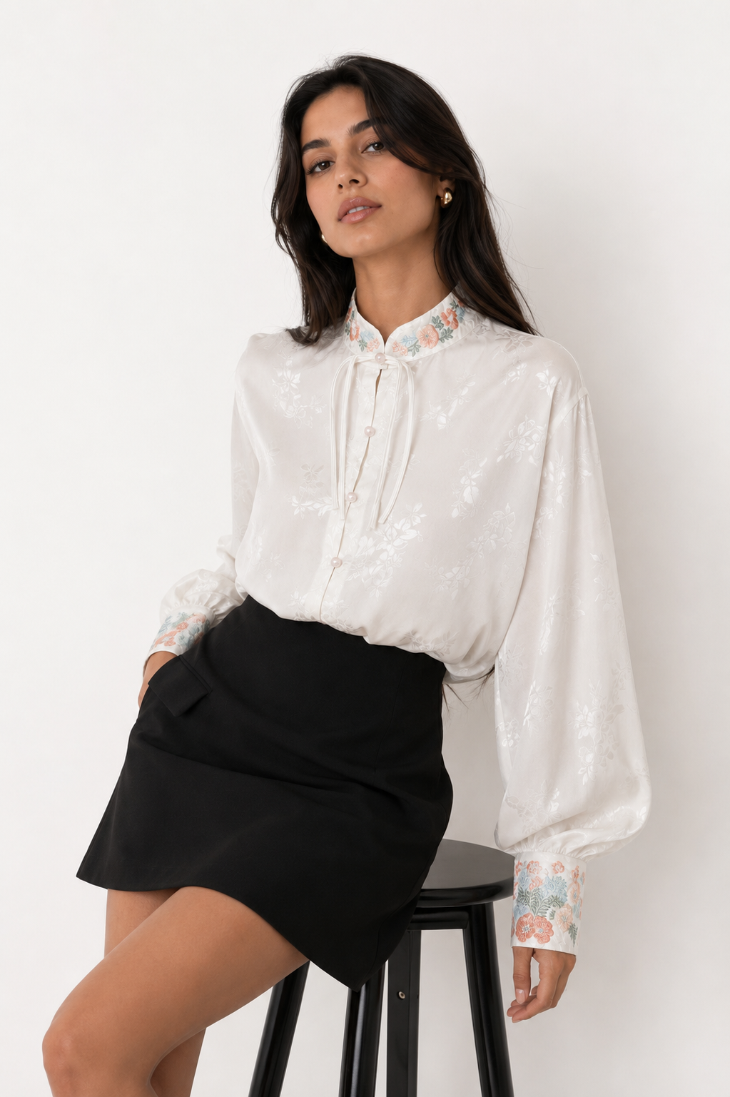 Jacquard Mandarine-Collar Blouse with Embroidered Details