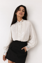 Jacquard Mandarine-Collar Blouse with Embroidered Details