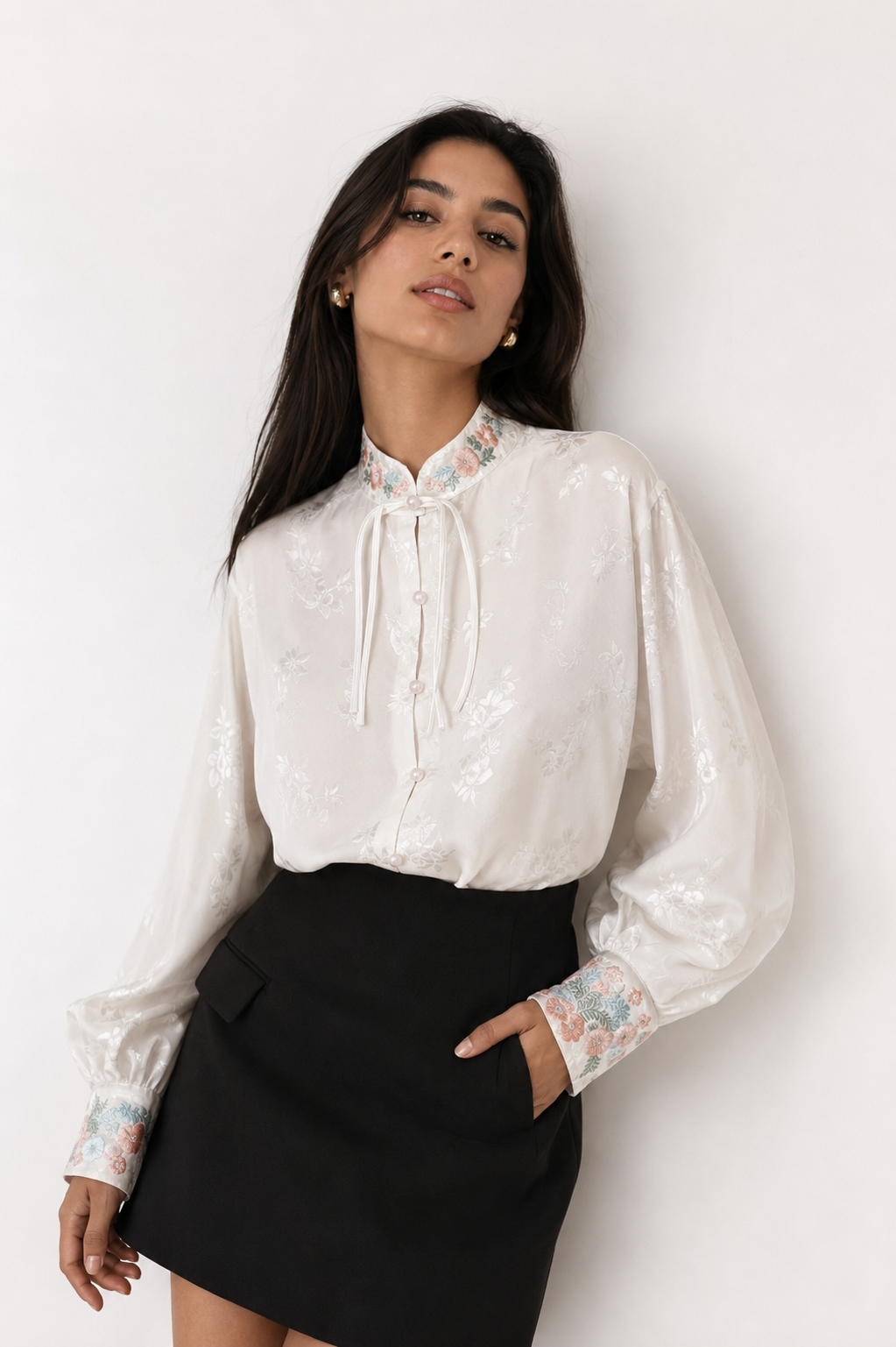 Jacquard Mandarine-Collar Blouse with Embroidered Details