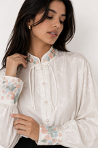Jacquard Mandarine-Collar Blouse with Embroidered Details