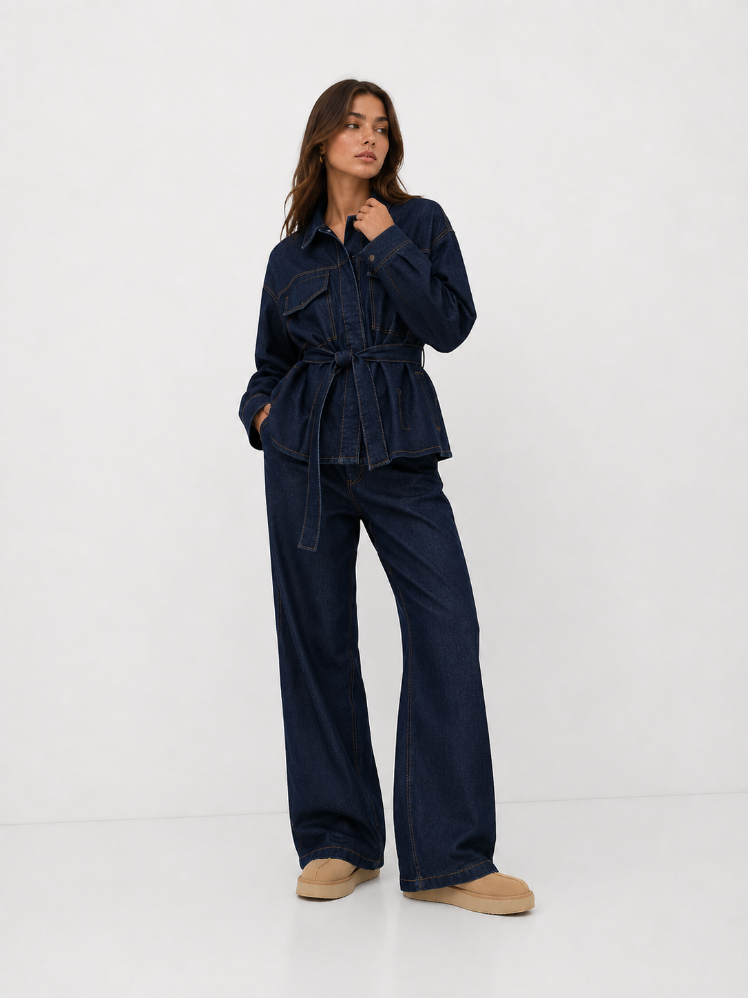Belted Utility Jacket & Straight-Leg Tailored Trousers Co-Ord Set