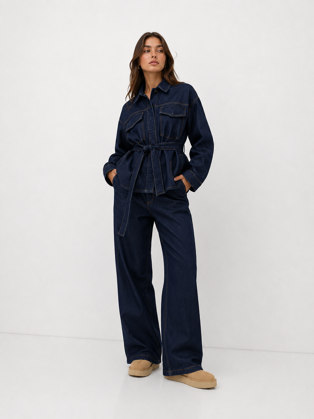 Belted Utility Jacket & Straight-Leg Tailored Trousers Co-Ord Set