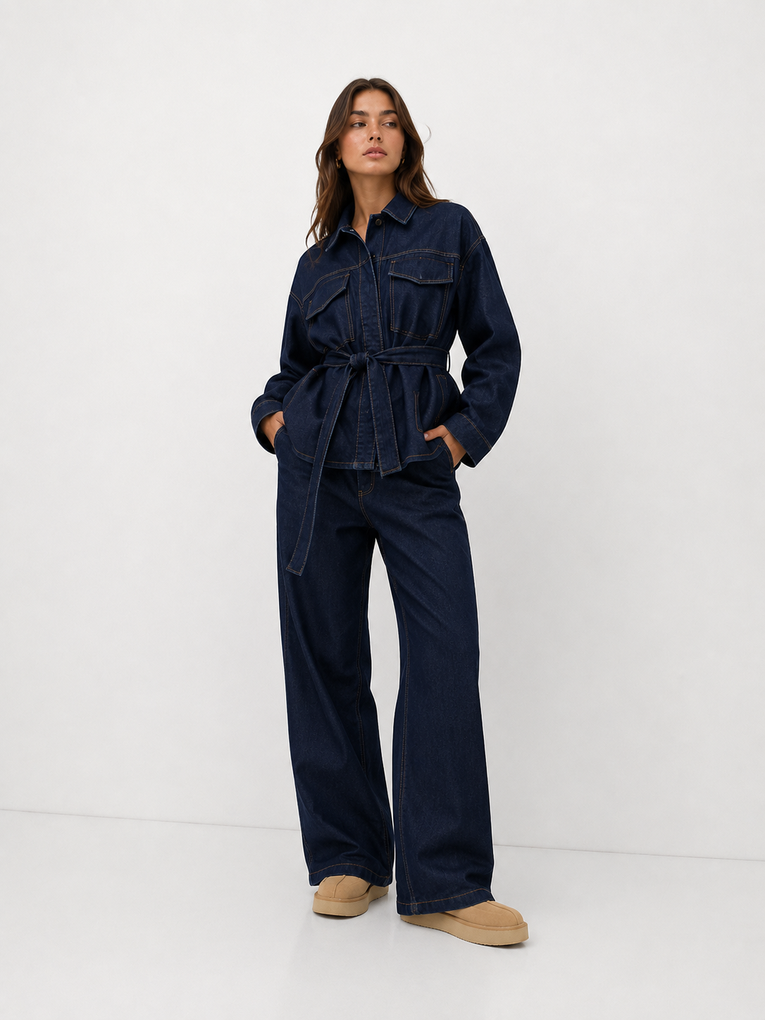Belted Utility Jacket & Straight-Leg Tailored Trousers Co-Ord Set
