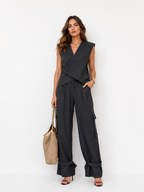 Asymmetric Wrap-Front Top & High-Waisted Wide-Leg Trousers Co-Ord