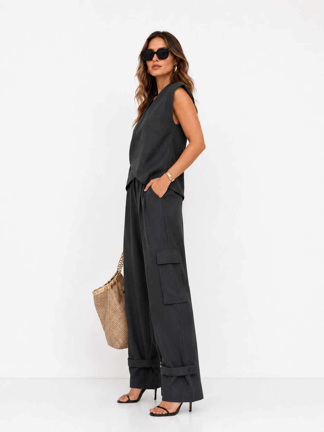 Asymmetric Wrap-Front Top & High-Waisted Wide-Leg Trousers Co-Ord