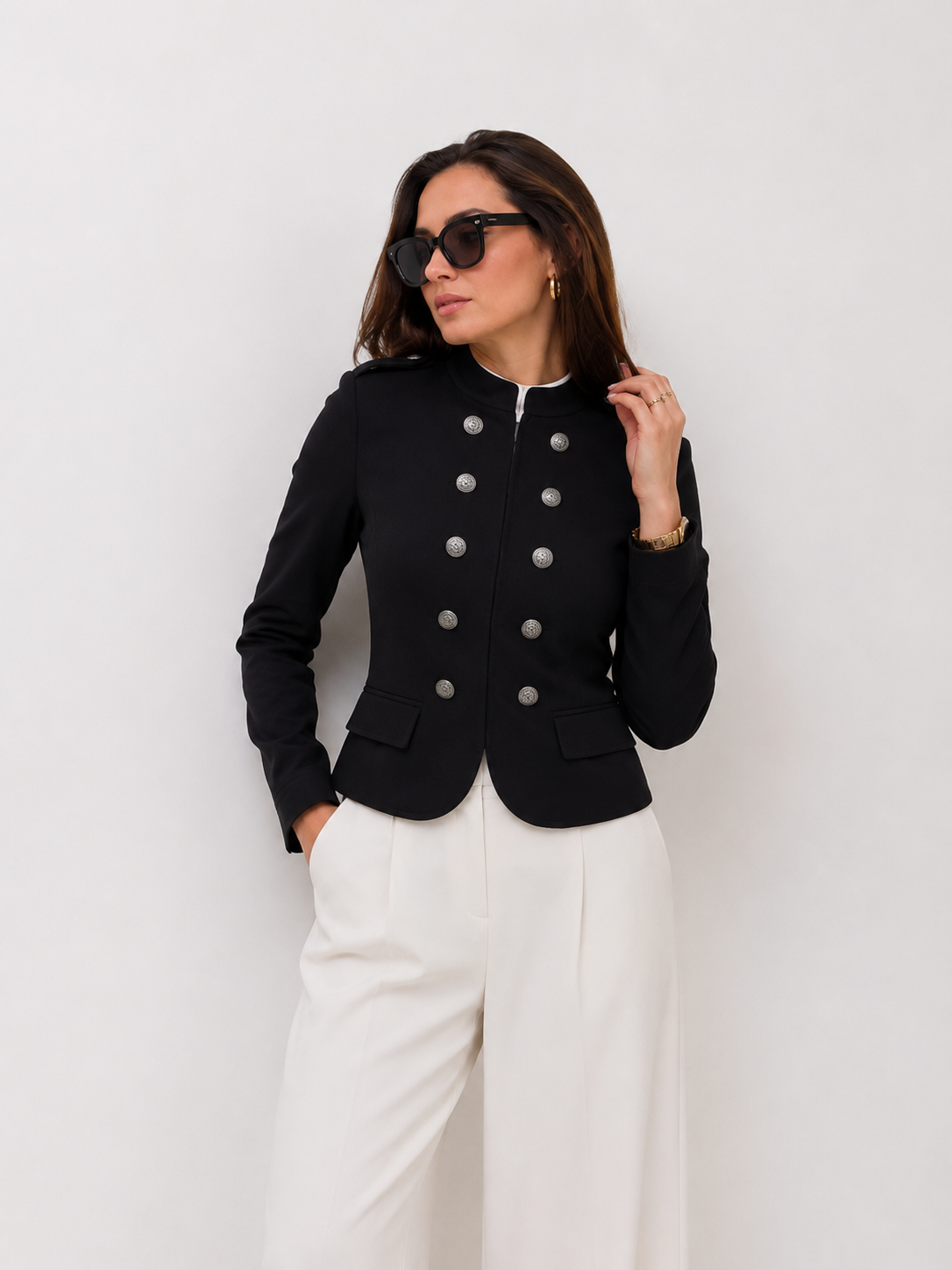 Atelier Rue Cropped Blazer — Double Jewel Buttons