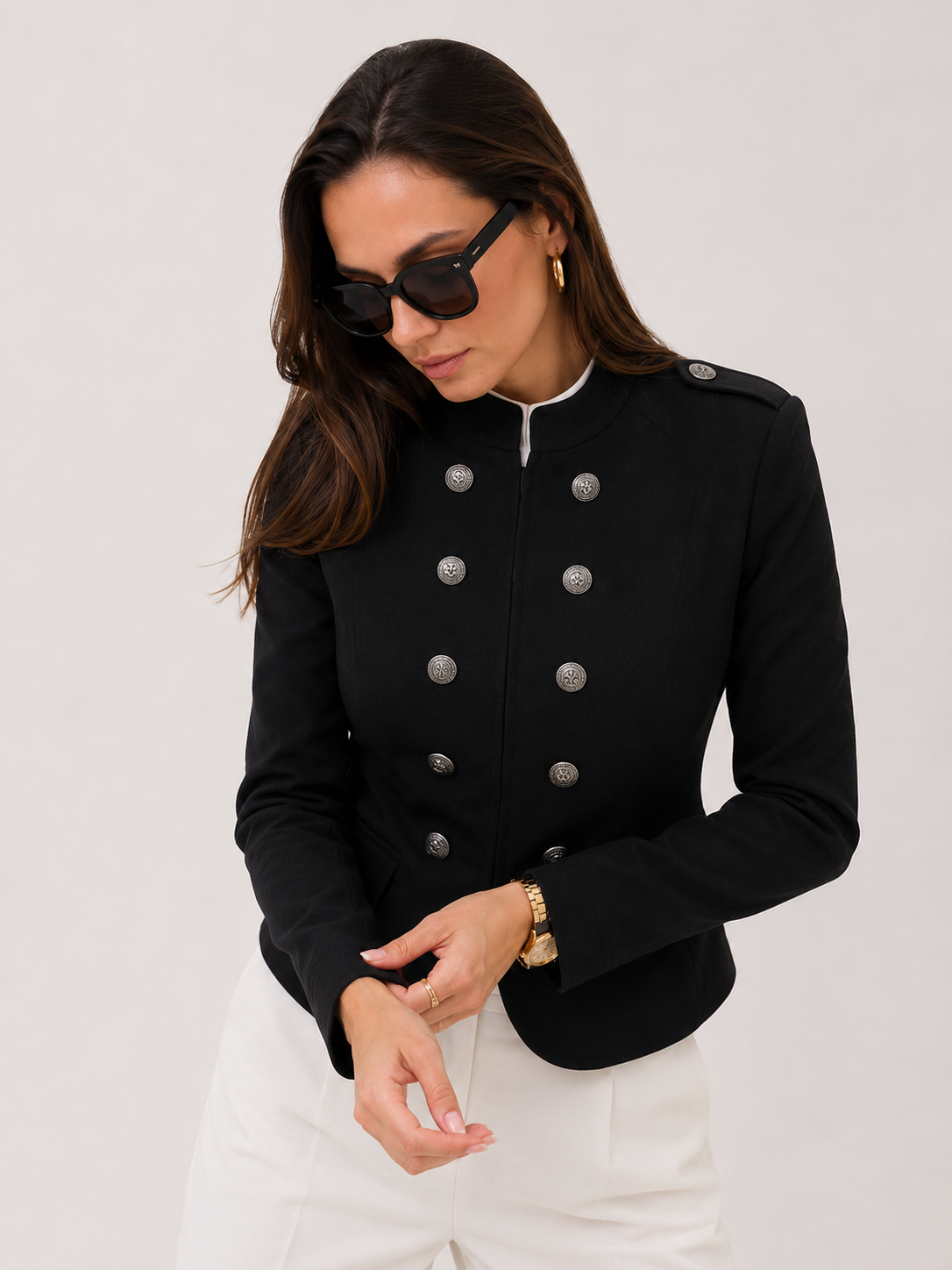 Atelier Rue Cropped Blazer — Double Jewel Buttons