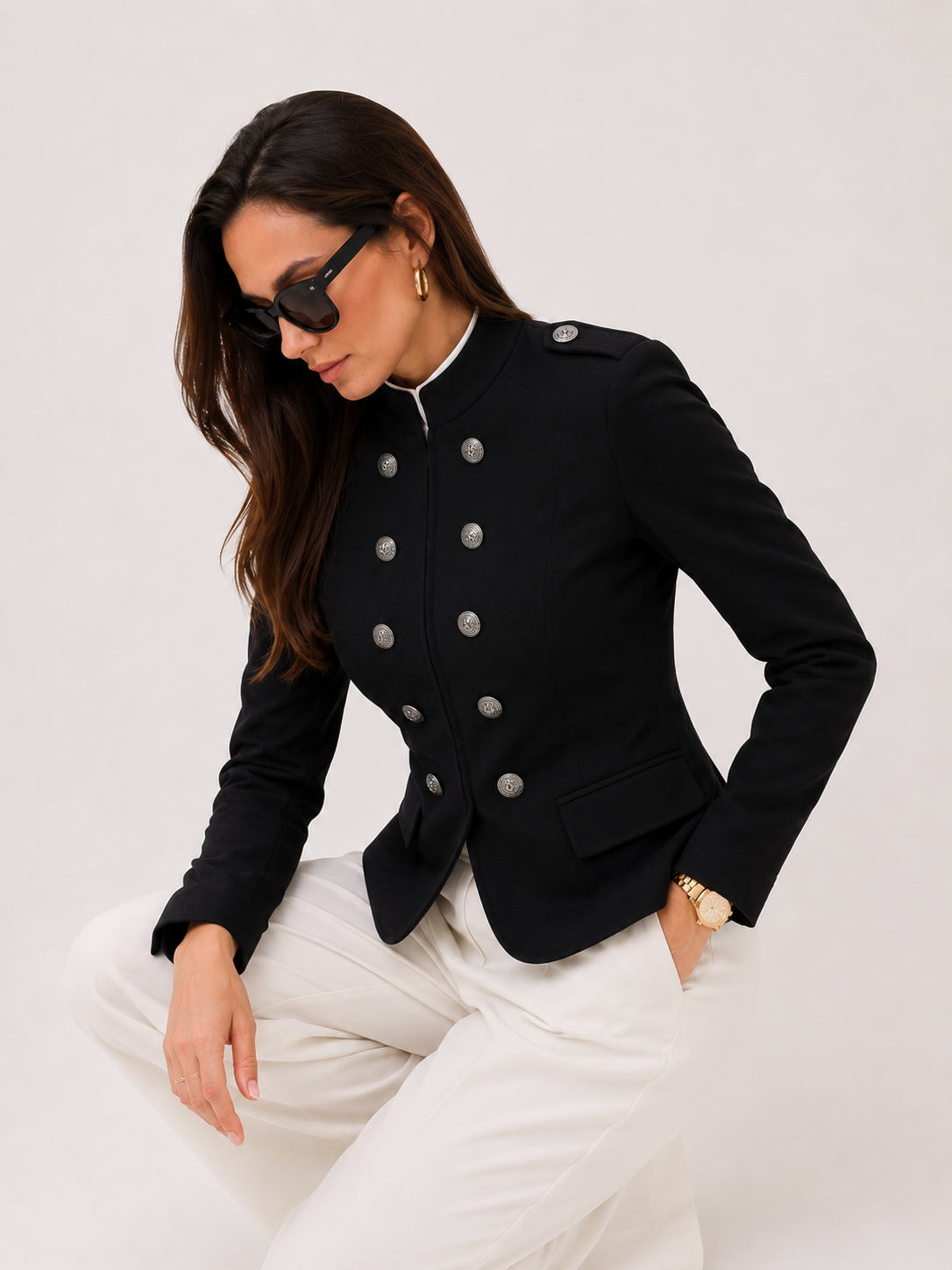 Atelier Rue Cropped Blazer — Double Jewel Buttons