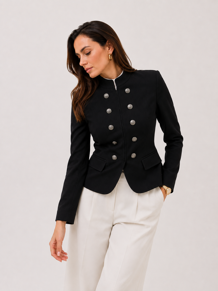 Atelier Rue Cropped Blazer — Double Jewel Buttons