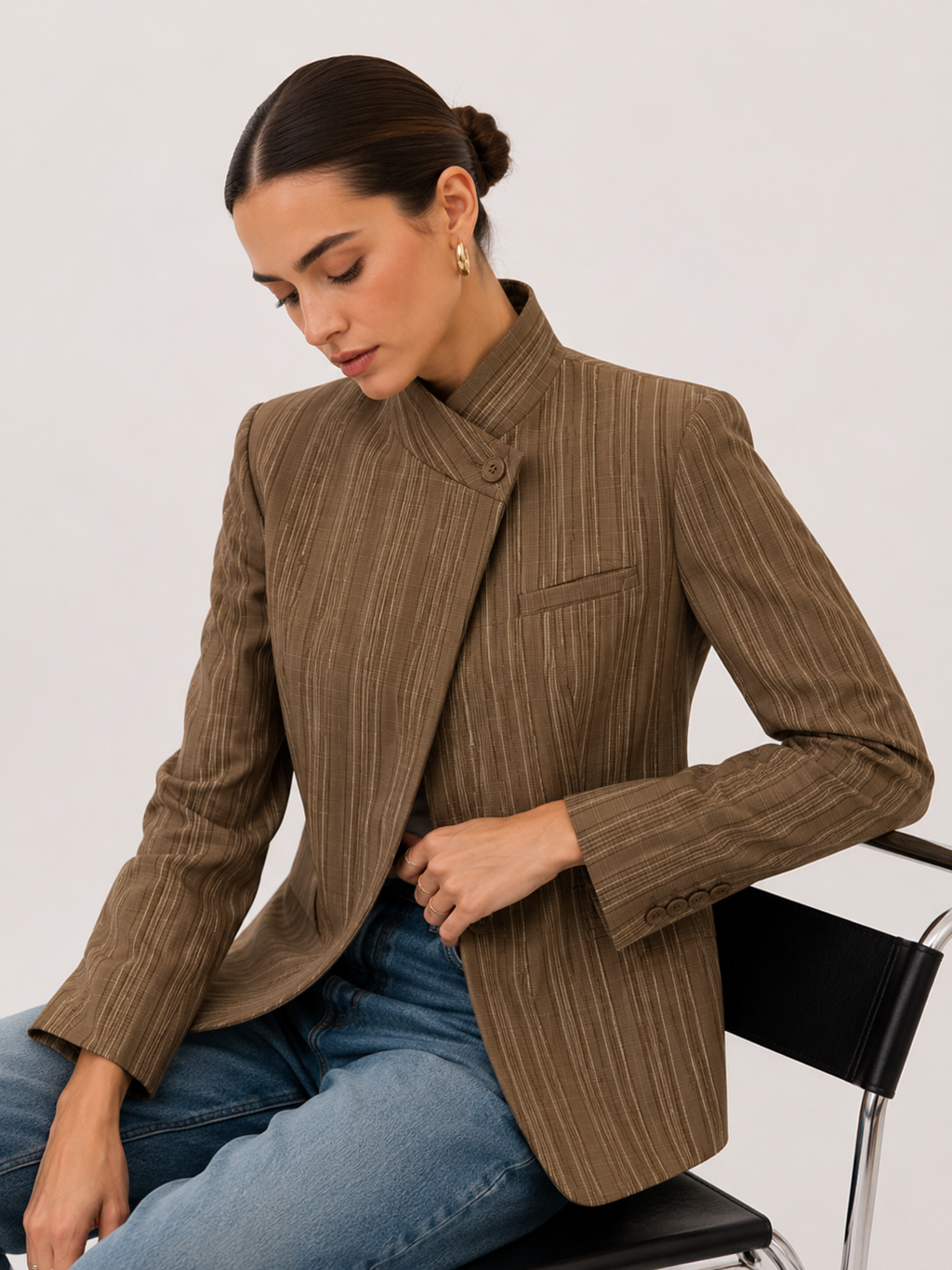 Stone Grey Pinstripe Cape-Shoulder Blazer EDITAR