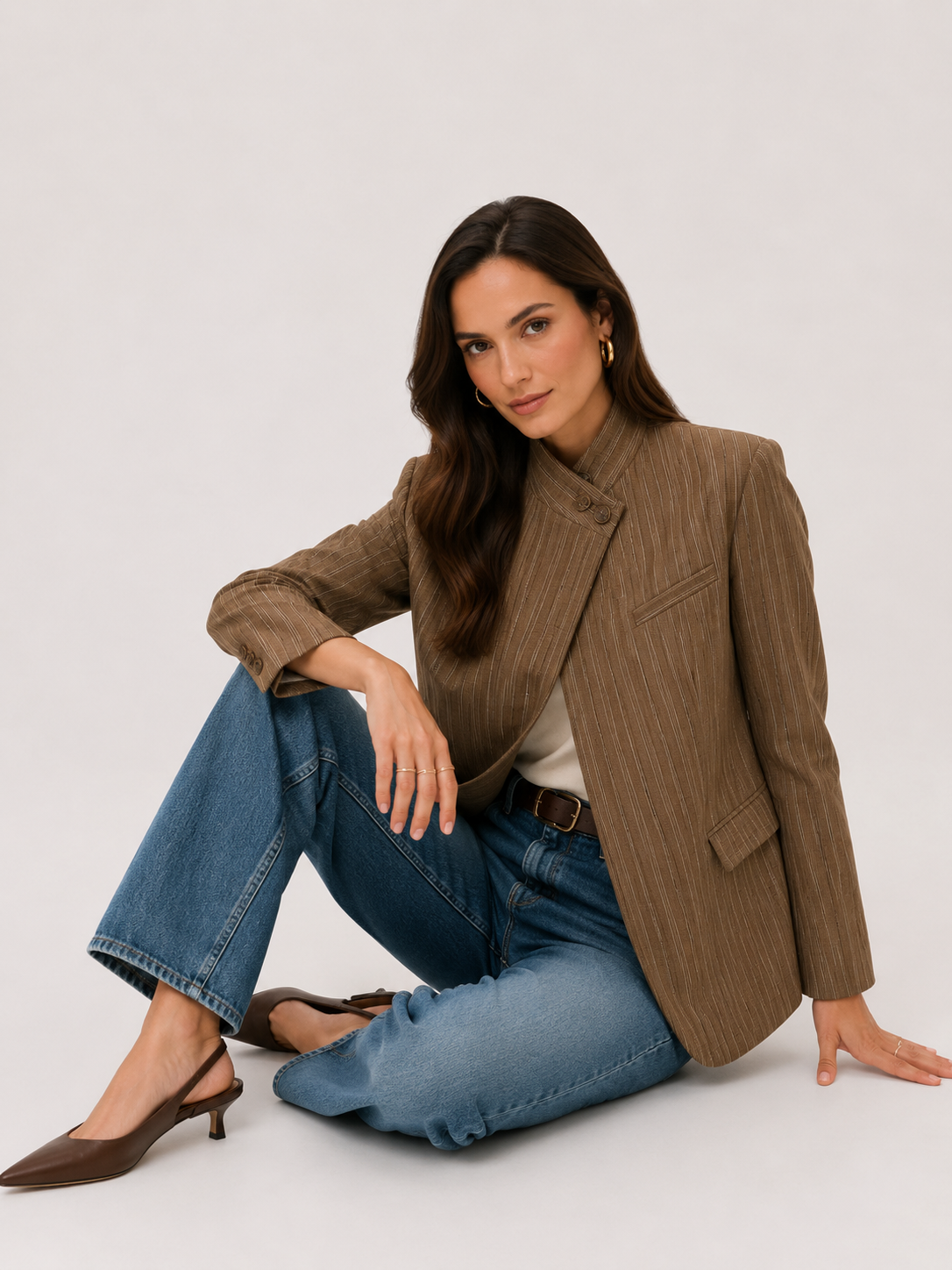 Stone Grey Pinstripe Cape-Shoulder Blazer EDITAR