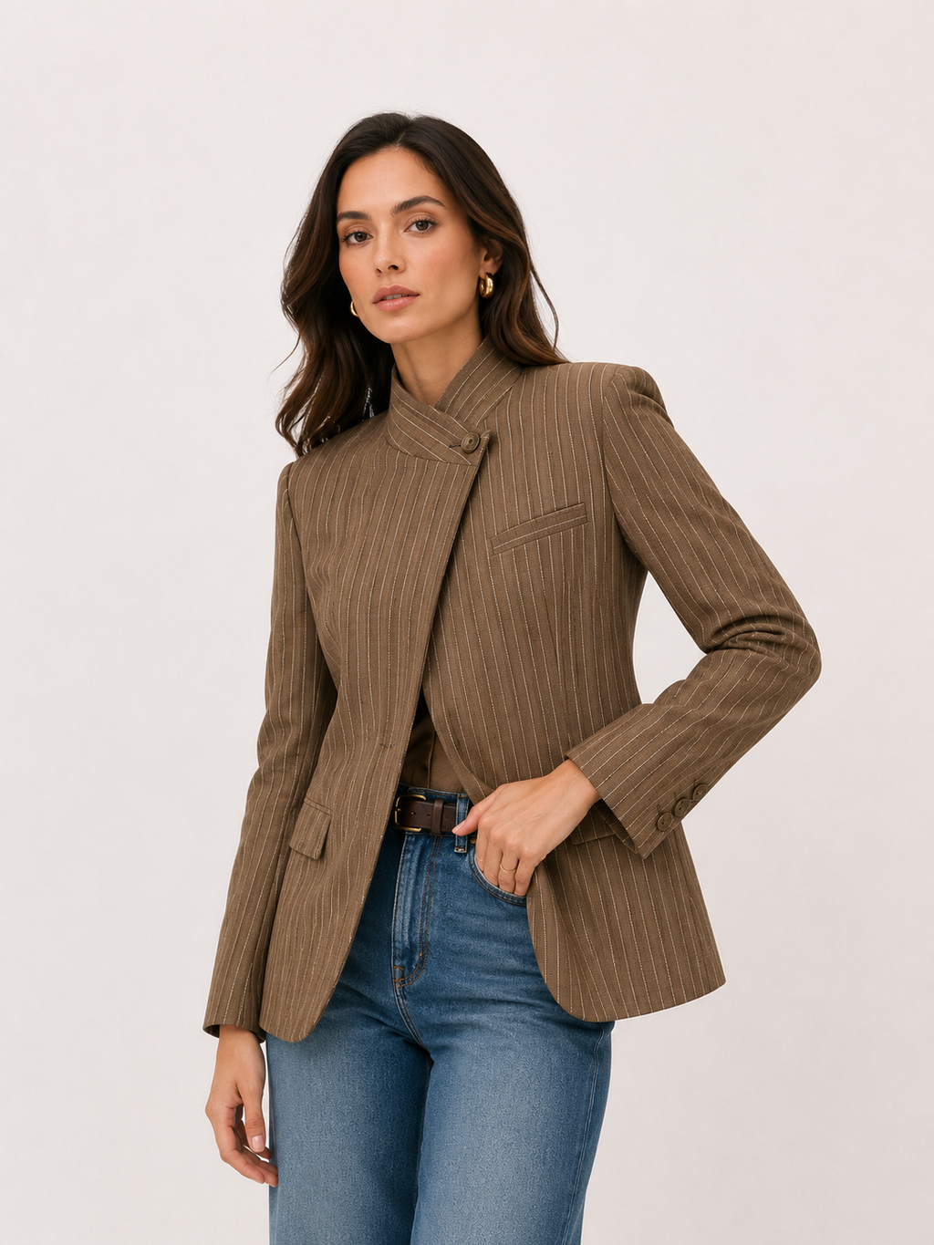 Stone Grey Pinstripe Cape-Shoulder Blazer EDITAR