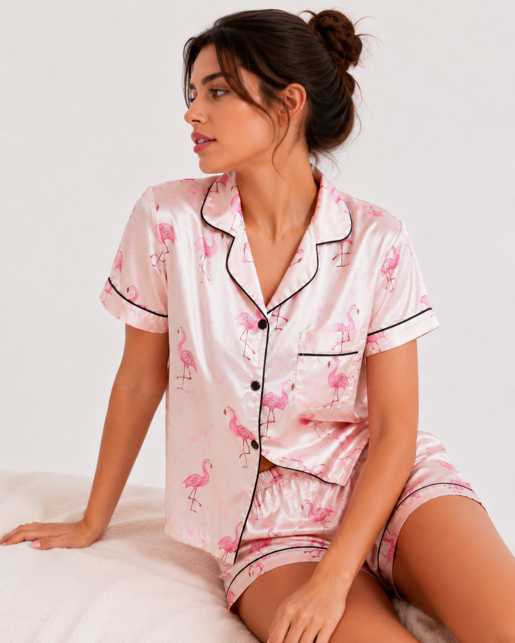 Women’s Satin-Feel Short Pyjama Set – Button-Through Short Sleeve Shirt & Shorts