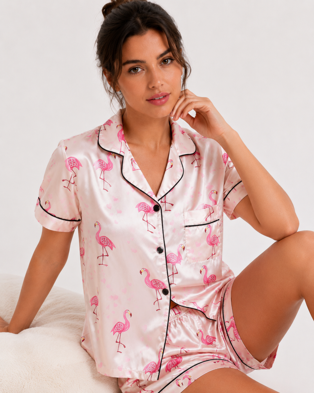 Women’s Satin-Feel Short Pyjama Set – Button-Through Short Sleeve Shirt & Shorts