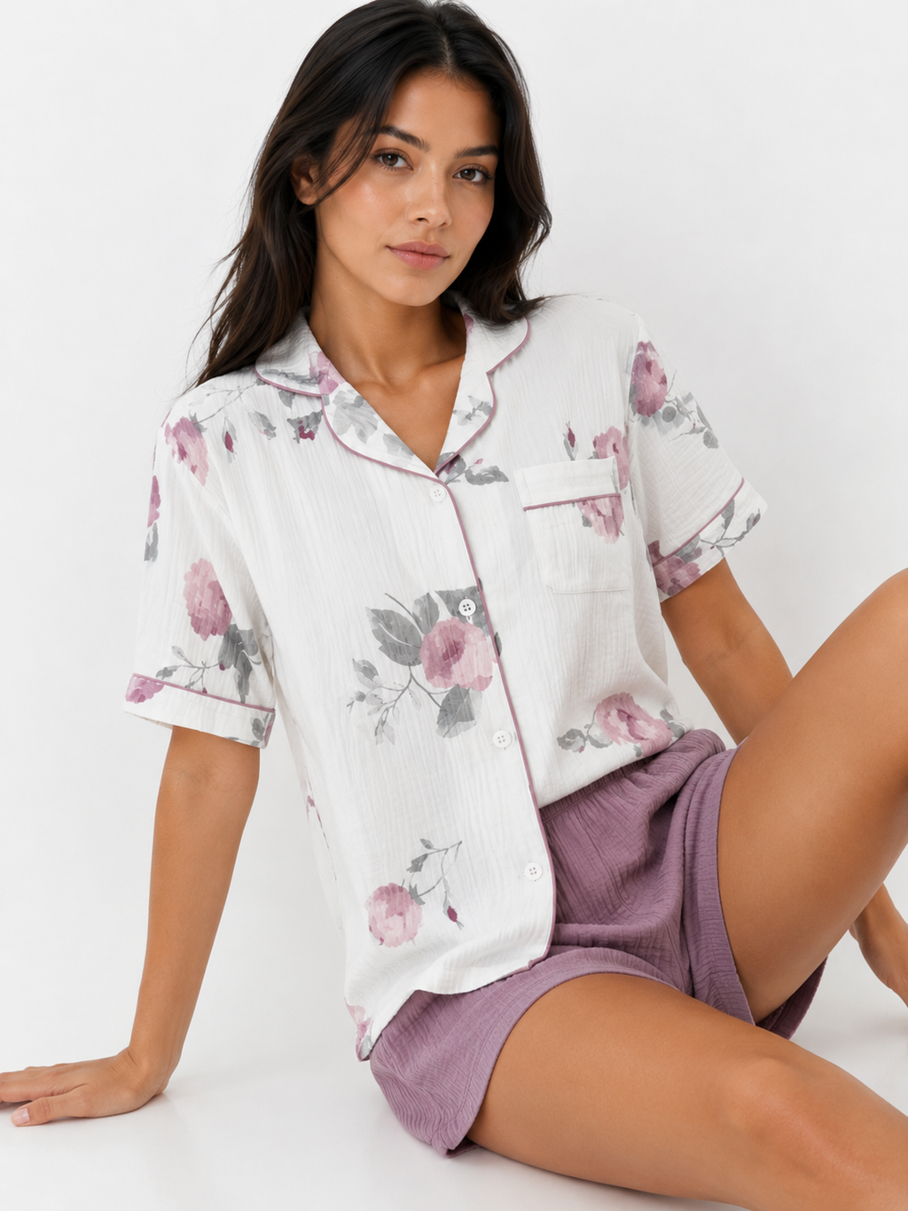 Women’s Short Pyjama Set (2-Piece) – Button-Through Short Sleeve Shirt & Relaxed Shorts