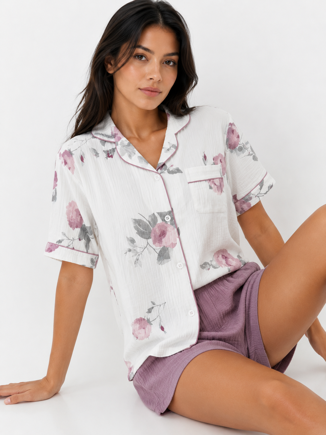 Women’s Short Pyjama Set (2-Piece) – Button-Through Short Sleeve Shirt & Relaxed Shorts