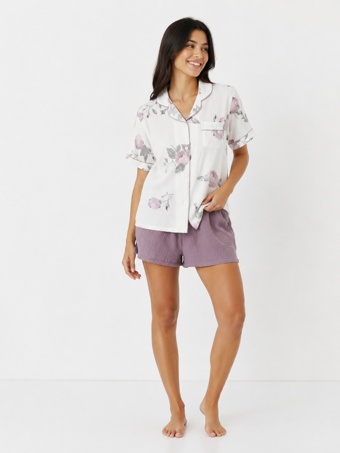 Women’s Short Pyjama Set (2-Piece) – Button-Through Short Sleeve Shirt & Relaxed Shorts