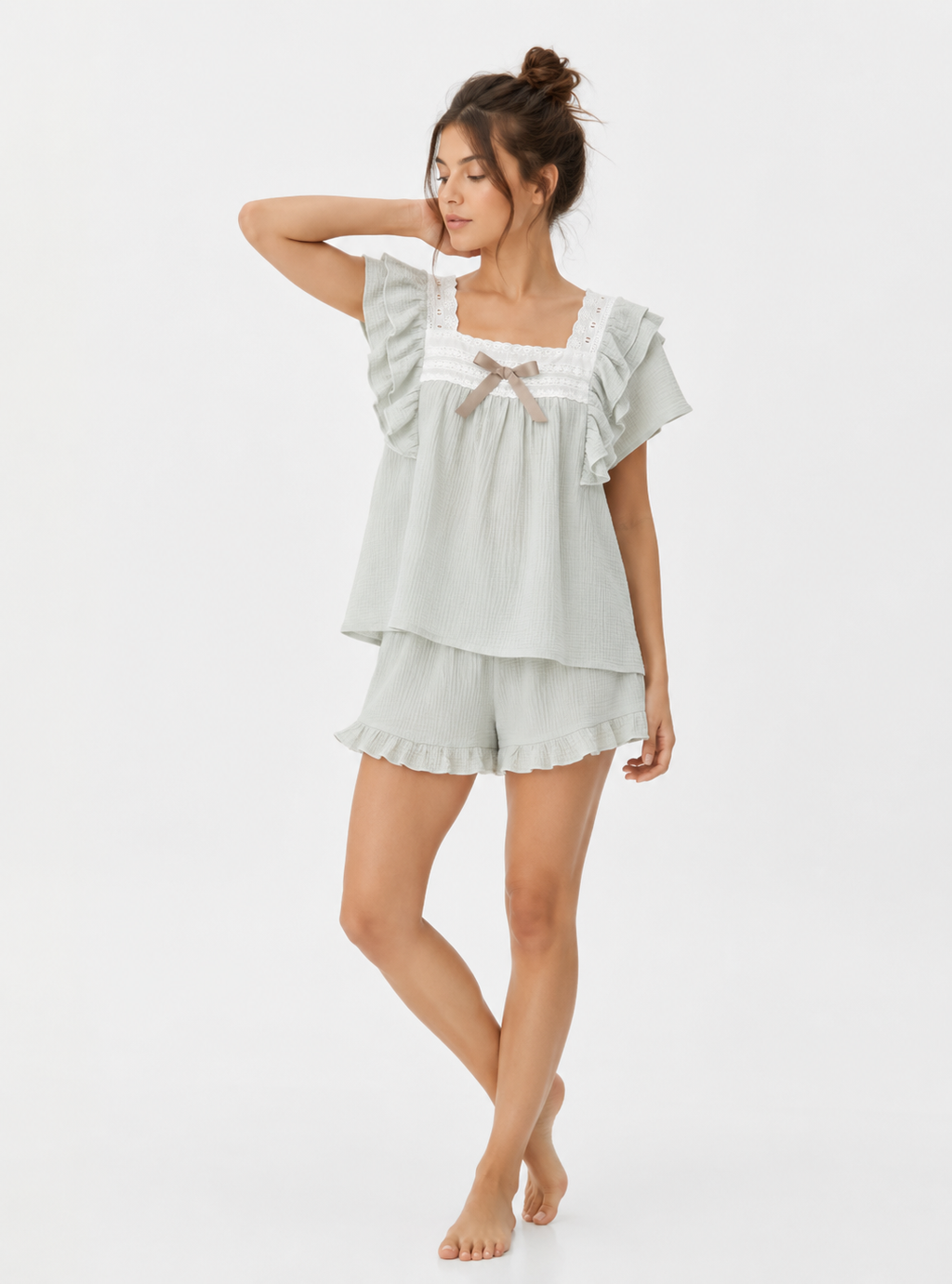 Women’s Short Pyjama Set (2-Piece) – Ruffle-Trim Top with Bow Detail & Elasticated Waist Shorts