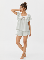 Women’s Short Pyjama Set (2-Piece) – Ruffle-Trim Top with Bow Detail & Elasticated Waist Shorts