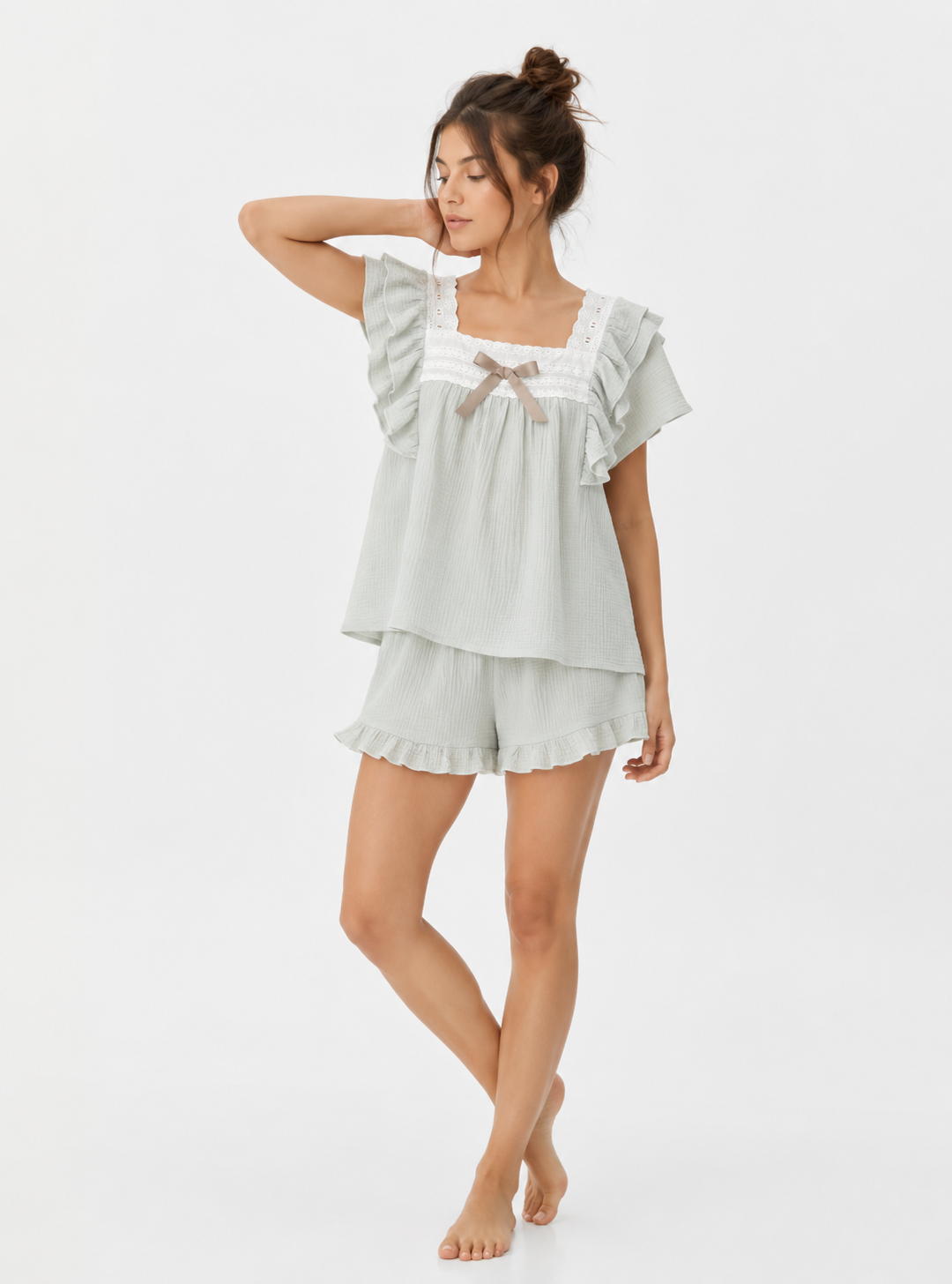 Women’s Short Pyjama Set (2-Piece) – Ruffle-Trim Top with Bow Detail & Elasticated Waist Shorts