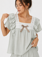 Women’s Short Pyjama Set (2-Piece) – Ruffle-Trim Top with Bow Detail & Elasticated Waist Shorts