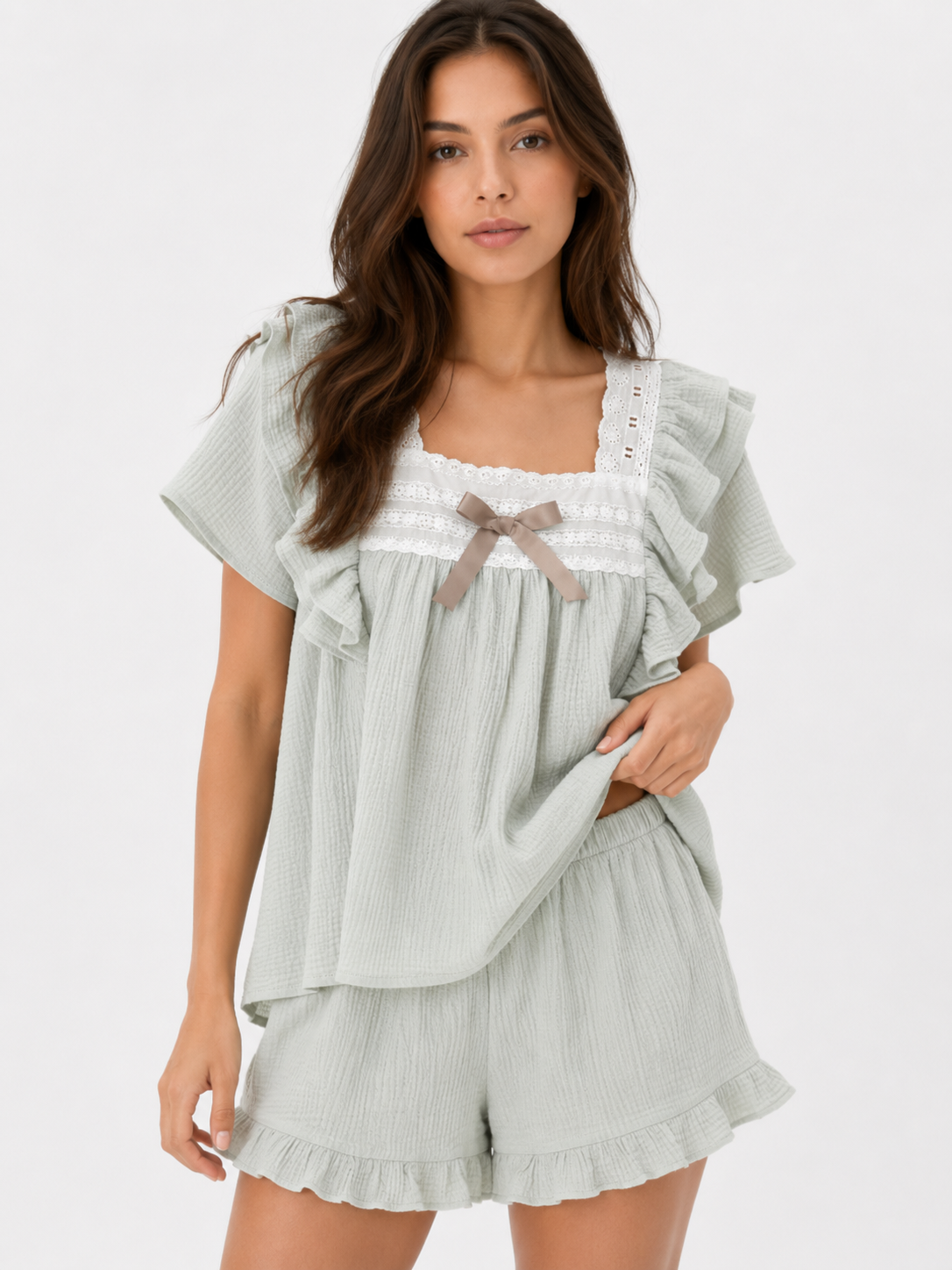 Women’s Short Pyjama Set (2-Piece) – Ruffle-Trim Top with Bow Detail & Elasticated Waist Shorts