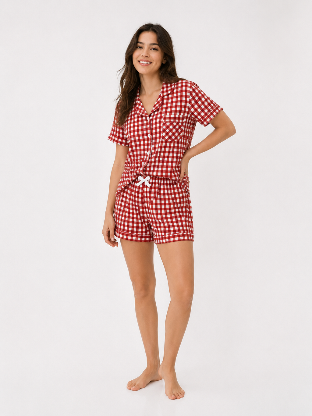 Women’s Short Pyjama Set (2-Piece) – Button-Through Short Sleeve Shirt & Tie-Waist Shorts