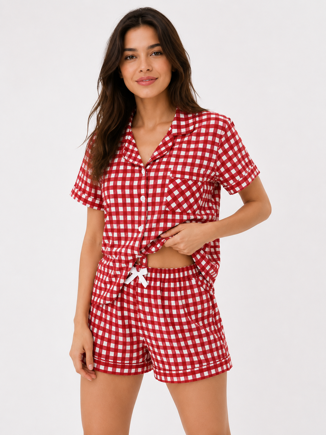 Women’s Short Pyjama Set (2-Piece) – Button-Through Short Sleeve Shirt & Tie-Waist Shorts