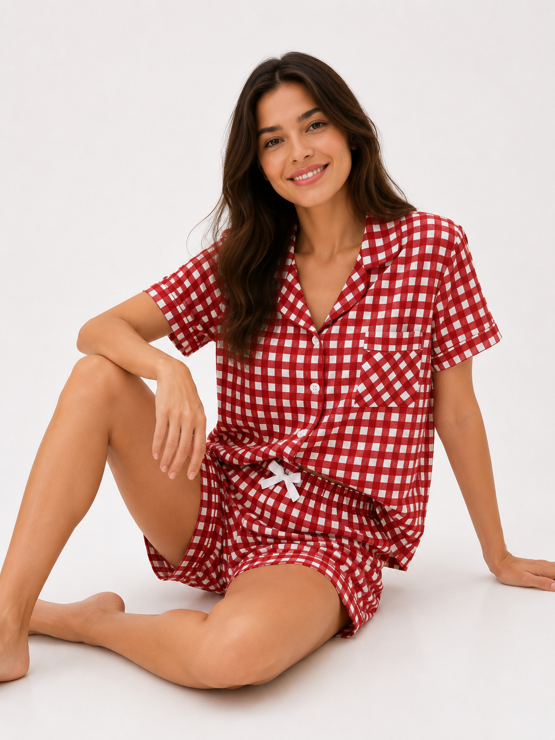 Women’s Short Pyjama Set (2-Piece) – Button-Through Short Sleeve Shirt & Tie-Waist Shorts