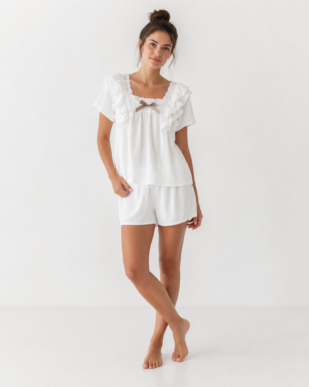 Women’s Short Pyjama Set (2-Piece) – Ruffle-Trim Top with Bow Detail & Elasticated Waist Shorts