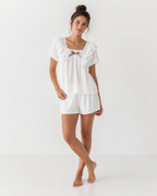 Women’s Short Pyjama Set (2-Piece) – Ruffle-Trim Top with Bow Detail & Elasticated Waist Shorts
