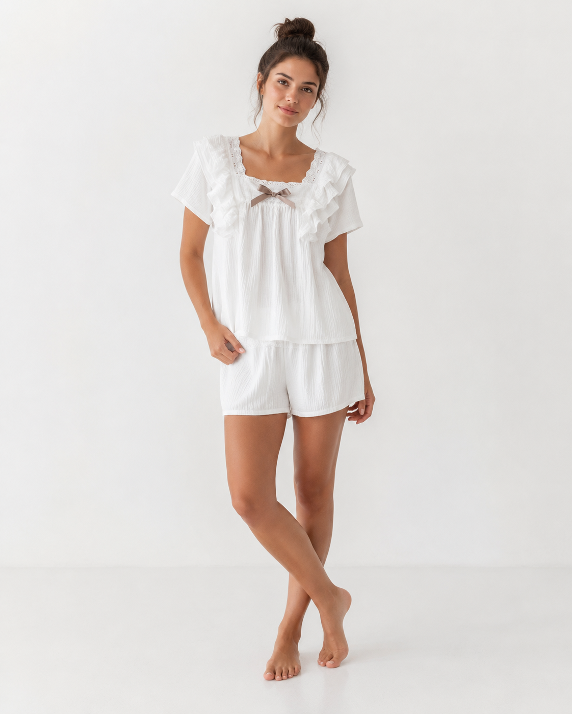 Women’s Short Pyjama Set (2-Piece) – Ruffle-Trim Top with Bow Detail & Elasticated Waist Shorts