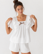Women’s Short Pyjama Set (2-Piece) – Ruffle-Trim Top with Bow Detail & Elasticated Waist Shorts