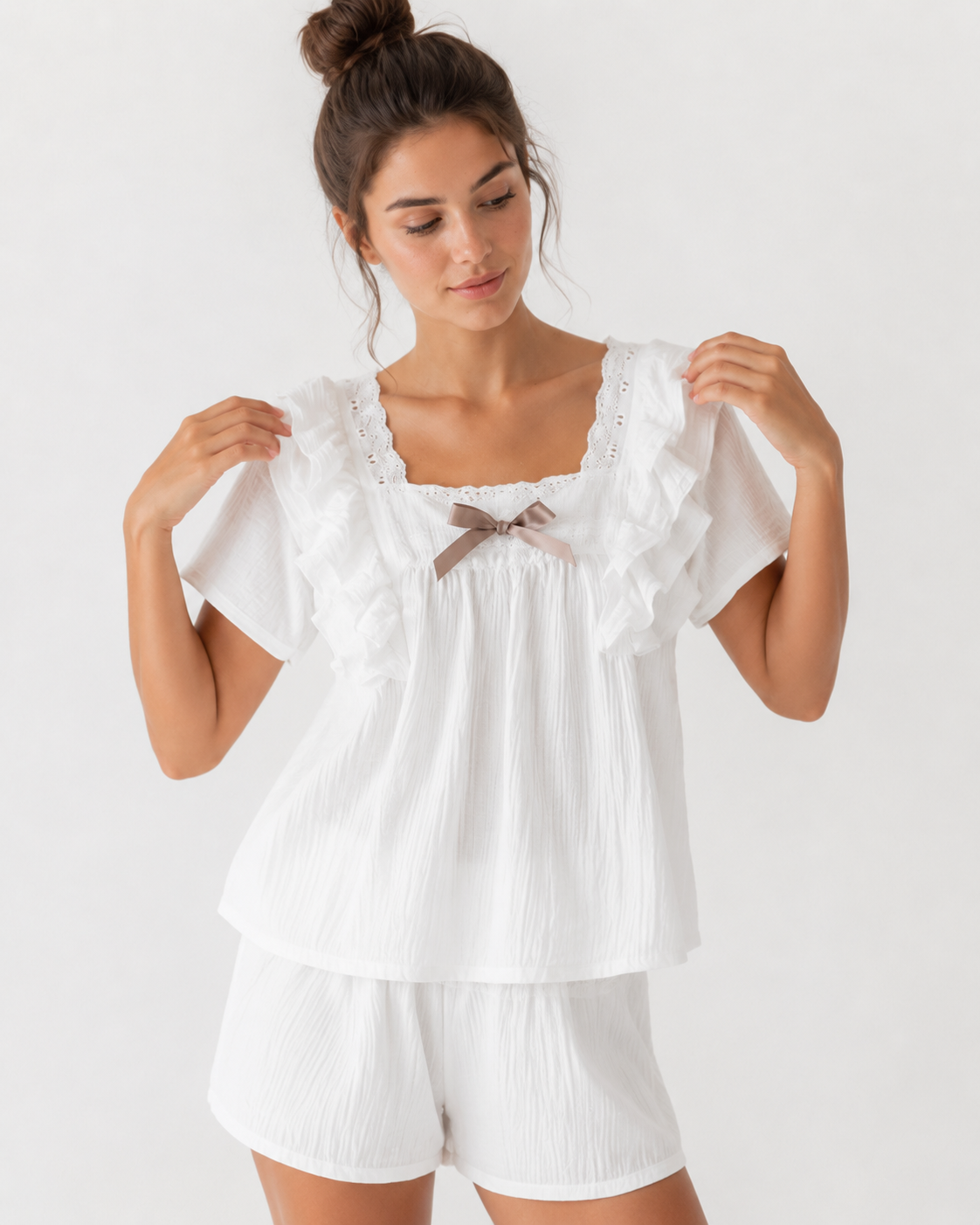 Women’s Short Pyjama Set (2-Piece) – Ruffle-Trim Top with Bow Detail & Elasticated Waist Shorts